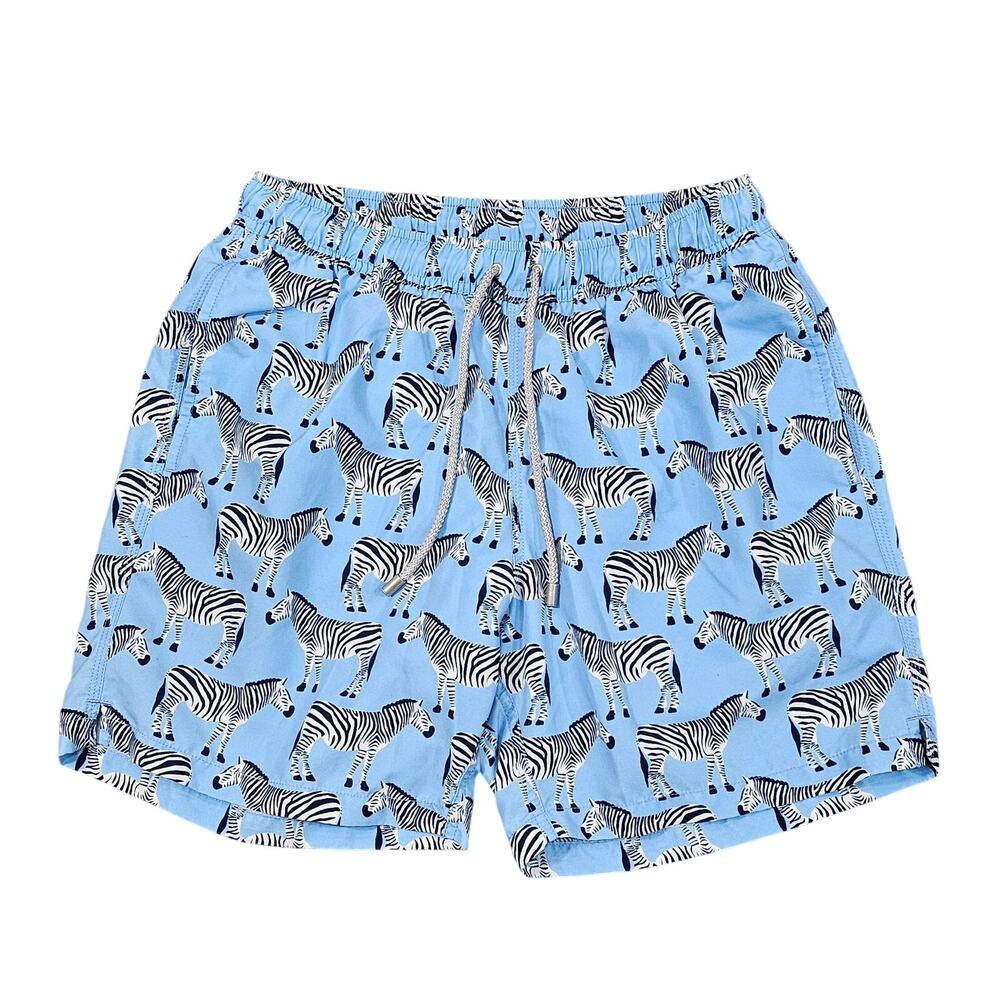 BLUEMINT ARTHUS MEN’S ZEBRA PRINT SWIM TRUNKS – SIZE LARGE – LIGHT BLUE